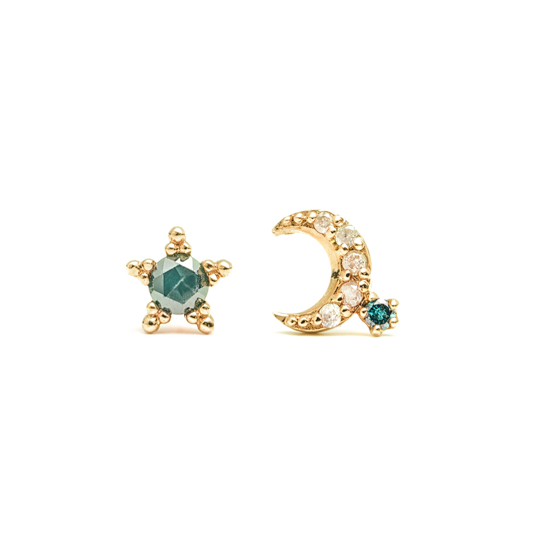 14k rose gold star&moon blue,gray dia stud earrings|LODAGOLD