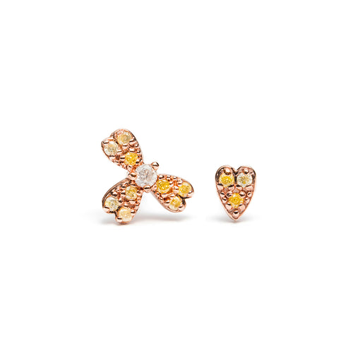 14k gold lemon dia heart Mismatched stud Earrings - LODAGOLD