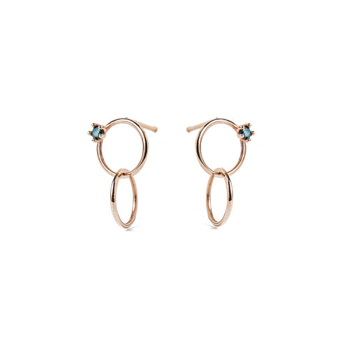 14k rose gold blue diamond Double ring stud earrings - LODAGOLD