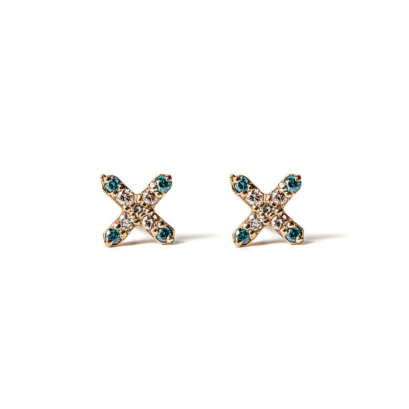 14k gold cognac&blue diamond X stud earrings - LODAGOLD