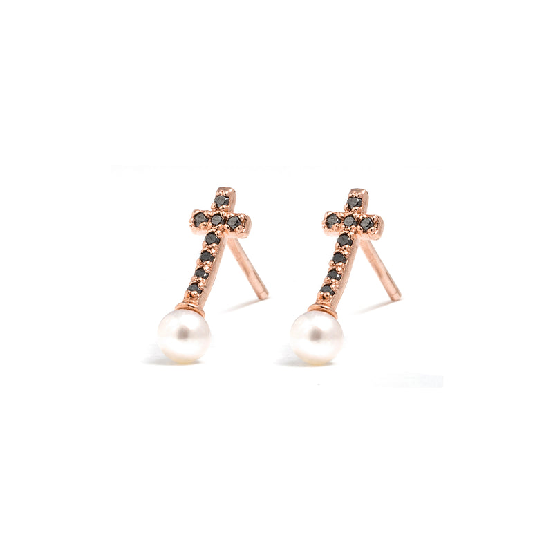 14k gold black diamond & pearl cross earrings - LODAGOLD