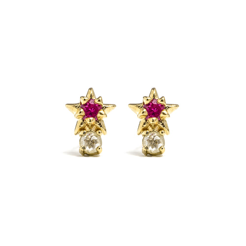 14k gold ruby&gray diamond stud earrings - LODAGOLD