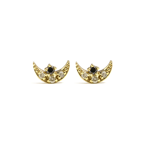 14k gold grey&black diamond moon stud earrings - LODAGOLD