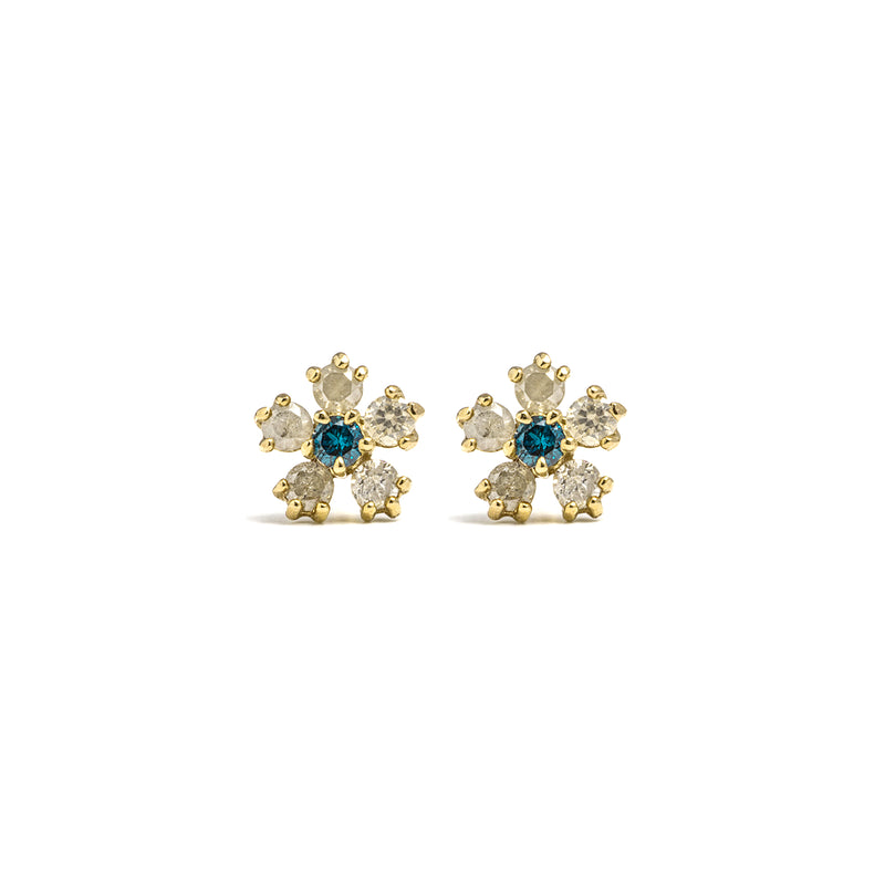 14k gold grey&blue diamond flower stud earrings - LODAGOLD