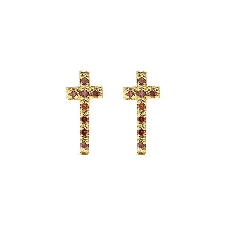 14k gold orange diamond cross stud earrings - LODAGOLD