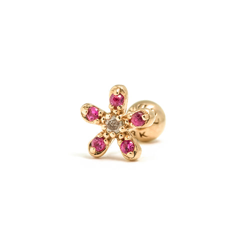 14k gold ruby&grey diamond flower piercing - LODAGOLD