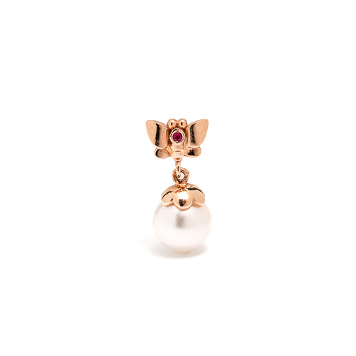 14k gold pearl&ruby butterfly drop single earring - LODAGOLD