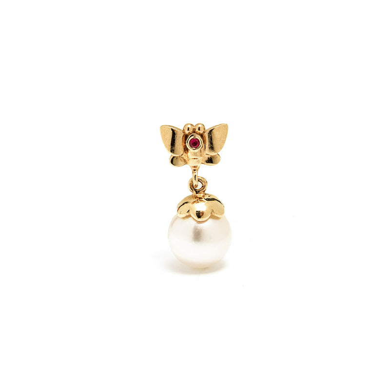 14k gold pearl&ruby butterfly drop single earring - LODAGOLD