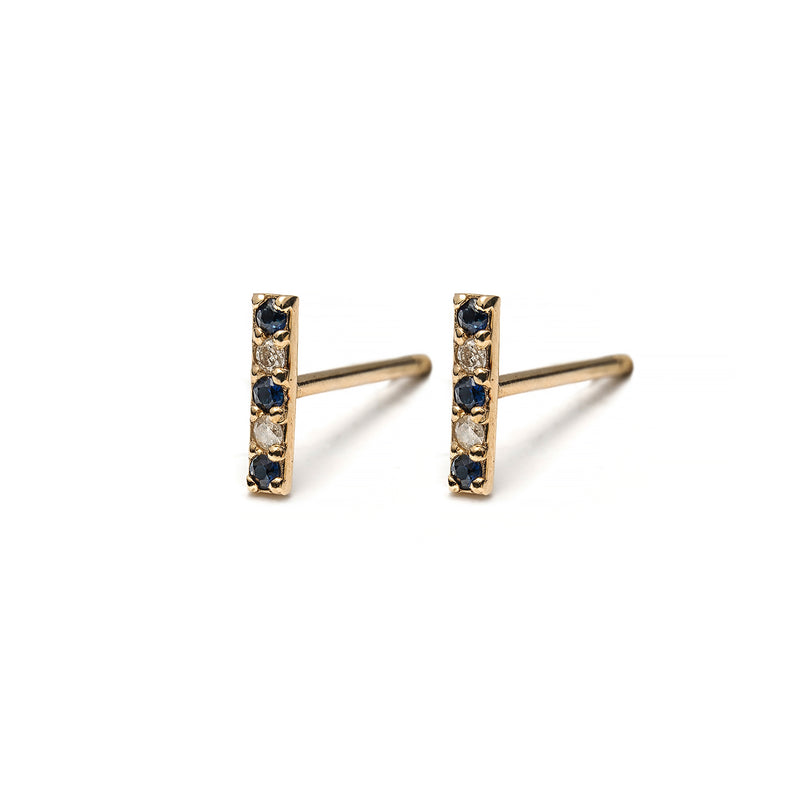 14k gold blue&white sapphire bar stud earrings - LODAGOLD
