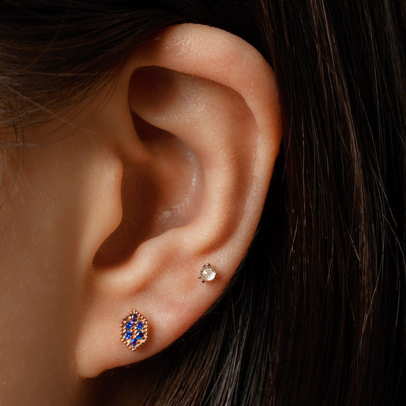 14k gold blue sapphire hexagon stud earrings - LODAGOLD