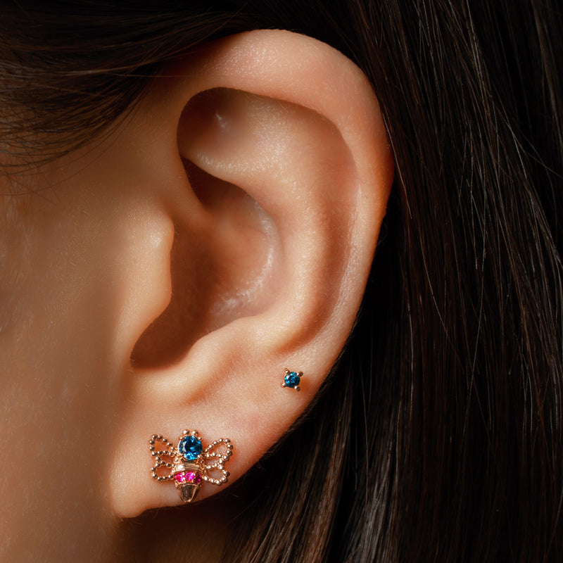 14k gold blue topaz&ruby bee single earring - LODAGOLD