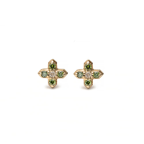 14k gold green&grey diamond T stud earrings - LODAGOLD