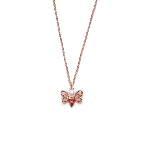 14k gold pearl&ruby bee Necklace - LODAGOLD