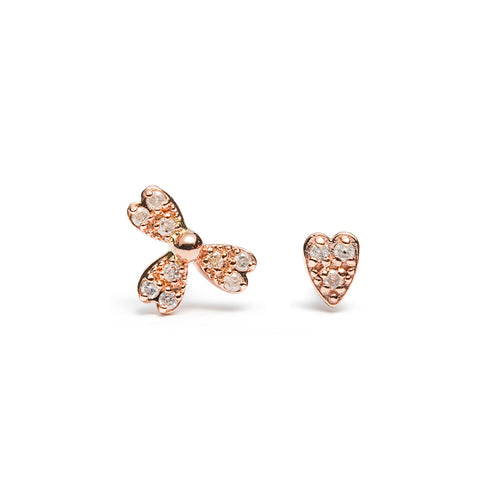 14k gold diamond Heart Mismatched stud Earrings - LODAGOLD